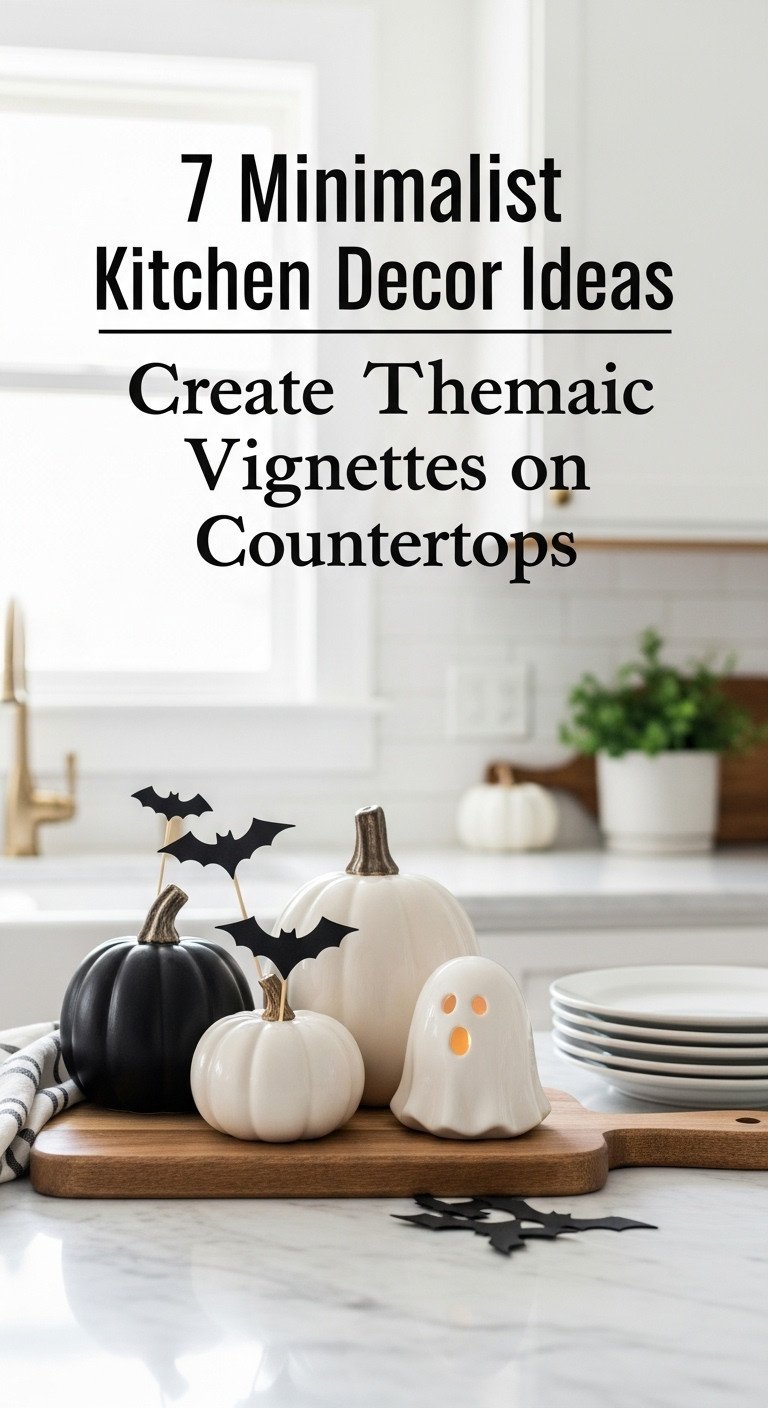 Minimalist Halloween kitchen counter decor with ceramic pumpkins ghost tealight and bat cutouts on a wooden board