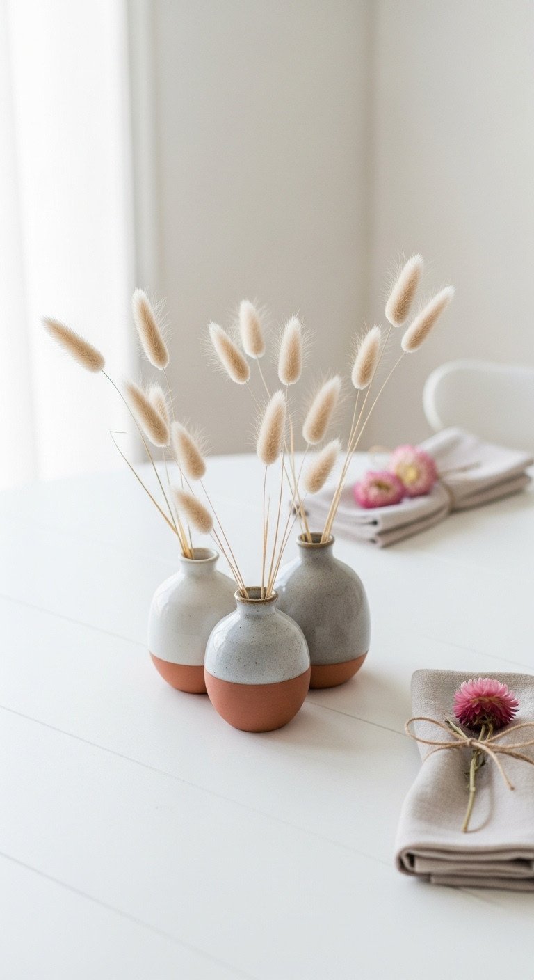 Minimalist Thanksgiving round table decor with dried grasses in earthy ceramic vessels on a white table with linen napkins