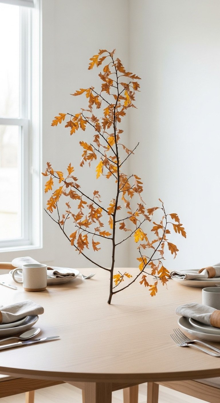 Minimalist Thanksgiving round table decor with foraged branch centerpiece autumn leaves light wood table beige napkins and ceramic mugs
