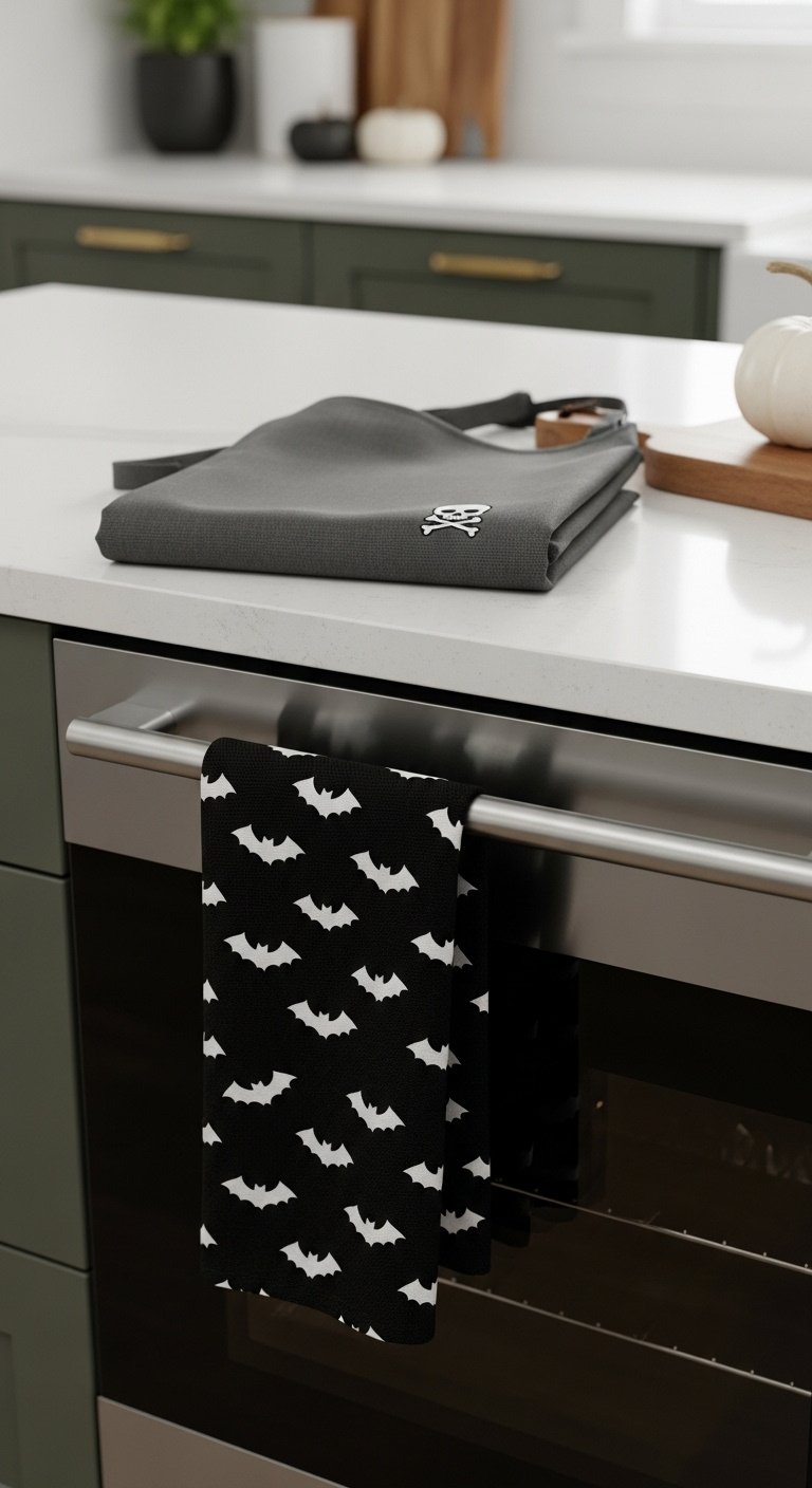 Minimalist black kitchen towel with bat pattern on an oven handle, gray skull apron, wooden cutting board, and white pumpkin on a counter