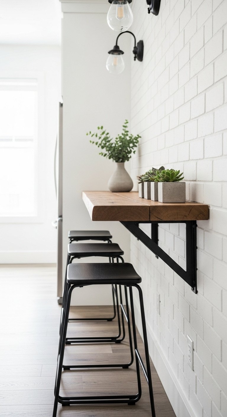 Minimalist console ledge kitchen island with reclaimed wood black metal brackets and sleek backless stools in galley kitchen