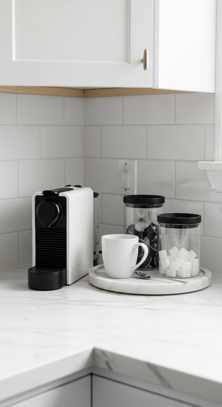 Minimalist countertop corner coffee station with white Nespresso machine marble tray glass canisters and white mug on quartz
