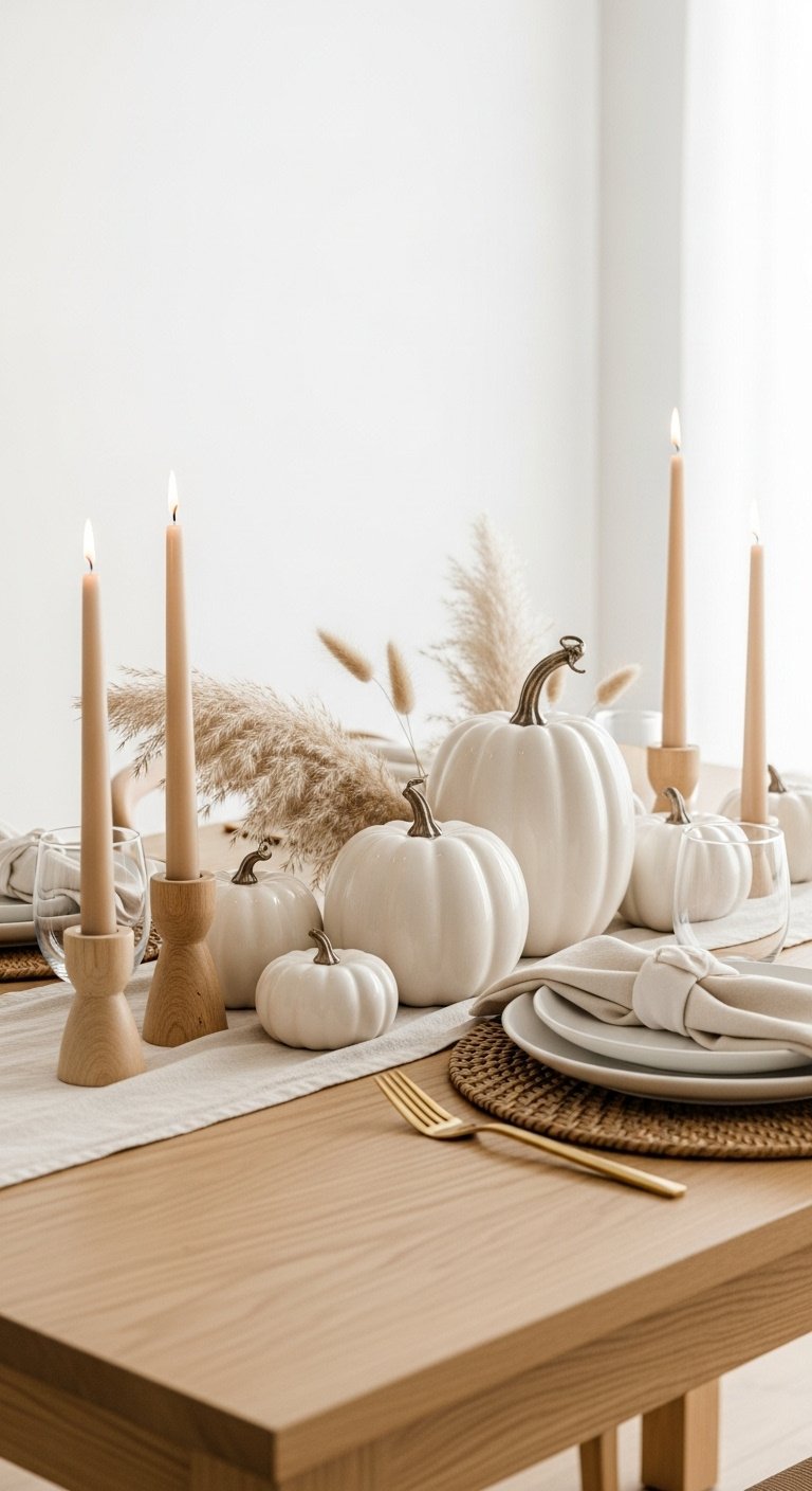 Minimalist fall tablescape with white ceramic pumpkins beige taper candles and pampas grass on a linen runner
