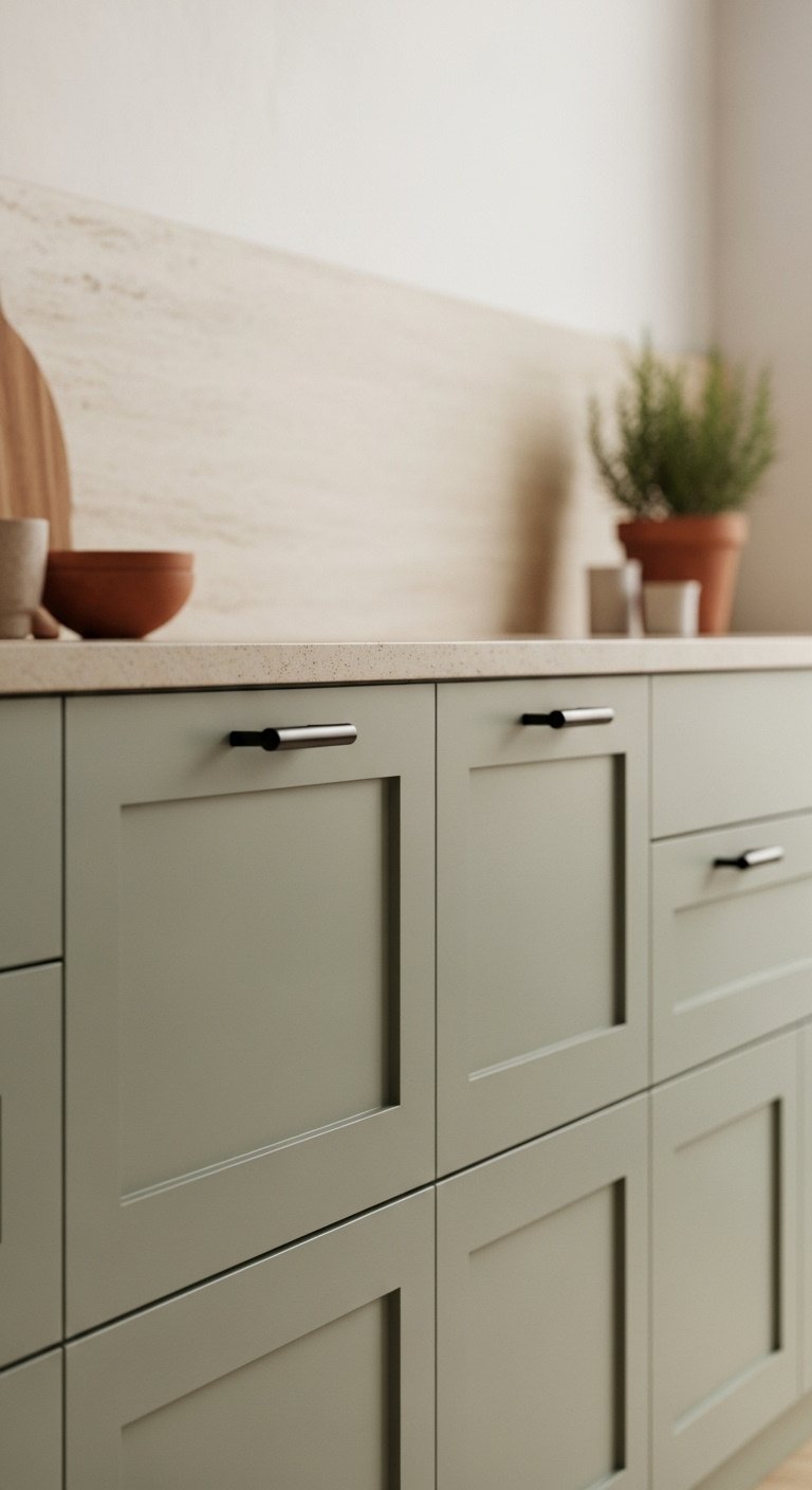 Minimalist flat panel kitchen cabinets muted sage green matte black pull textured warm white wall terracotta pot rosemary herb