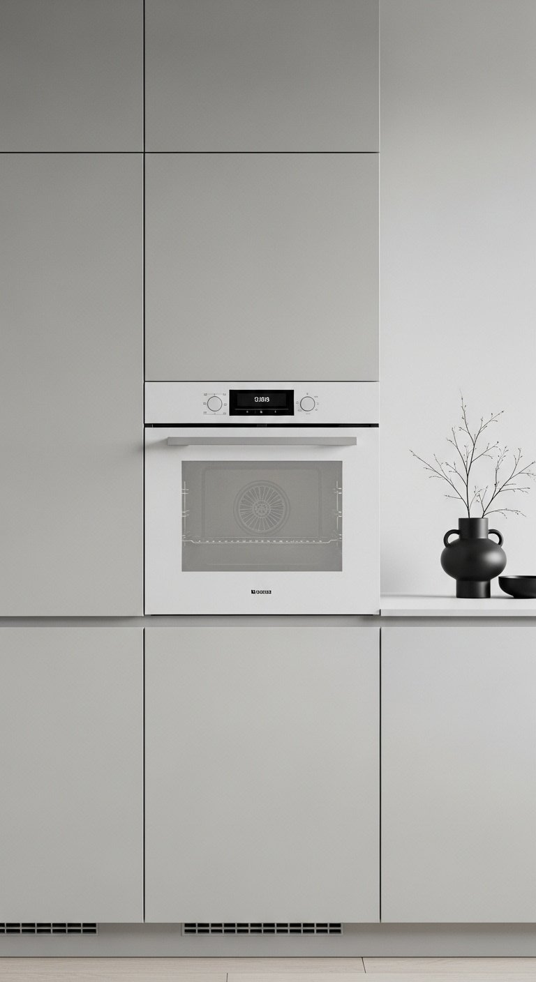 Minimalist kitchen with matte white wall oven light grey handleless cabinets and black ceramic vase with dry branch