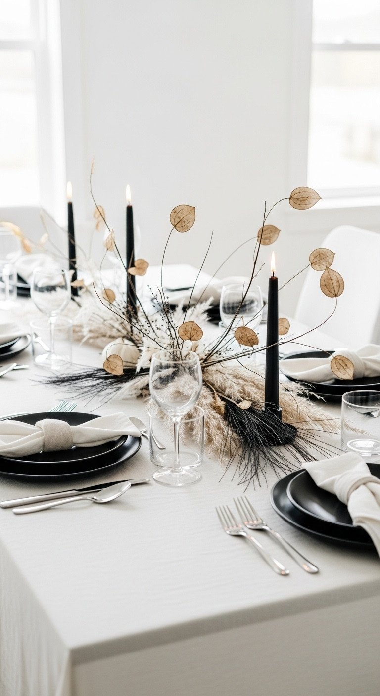 Minimalist monochromatic Thanksgiving table with white linen black plates dried grasses pampas grass and black pillar candles