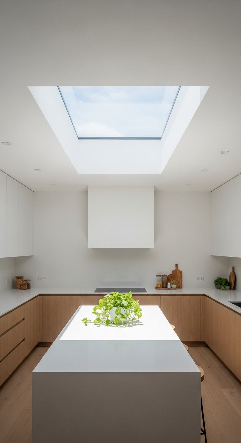 Minimalist white kitchen with a large rectangular skylight over the island flooding the space with bright natural sunlight