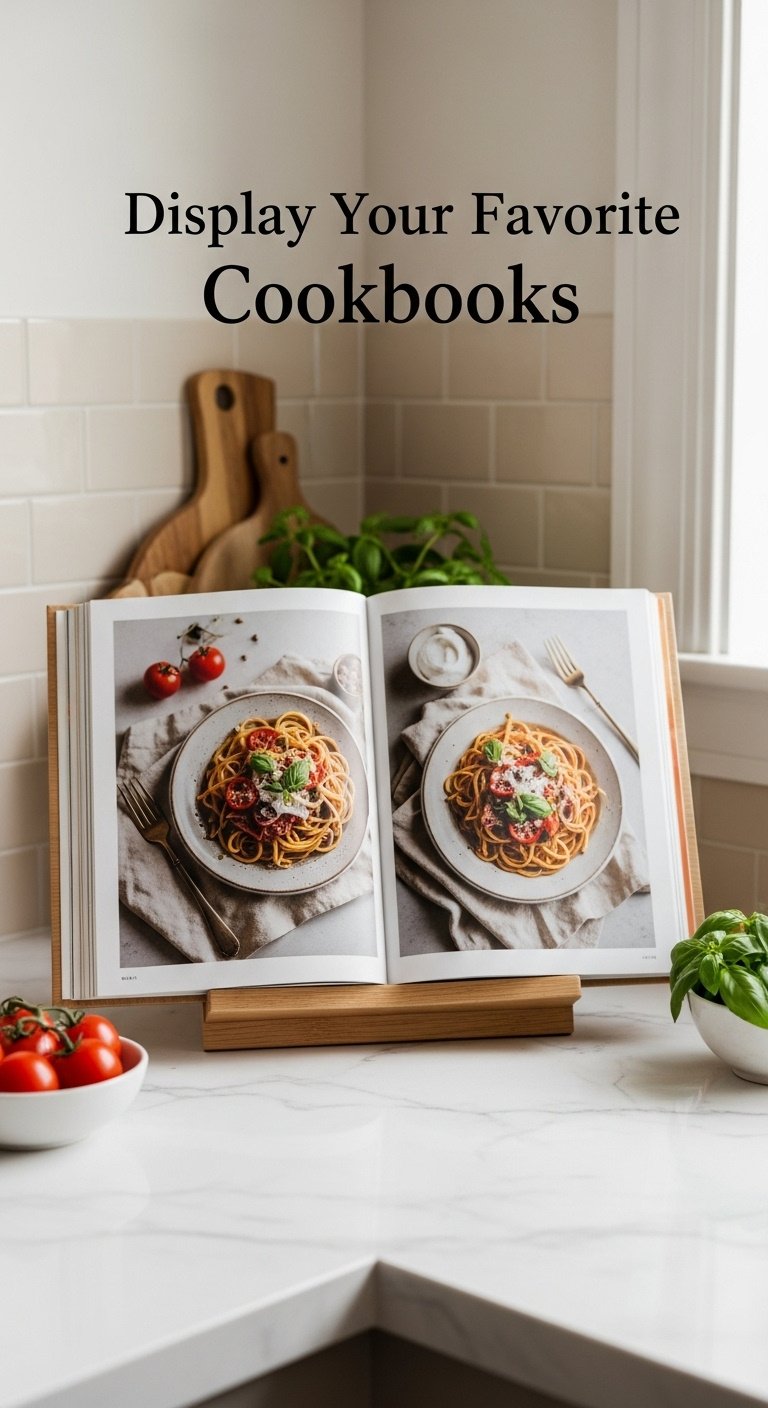 Minimalist wooden cookbook stand with open cookbook on white marble counter with tomatoes and basil