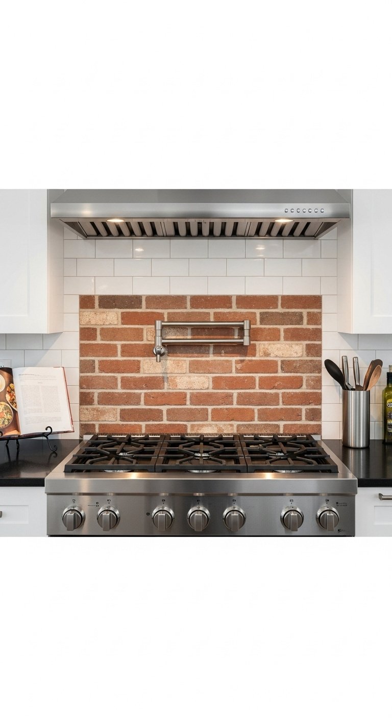 Mixed material backsplash with rustic red brick and white subway tiles behind a modern gas range stainless steel hood and black granite countertop