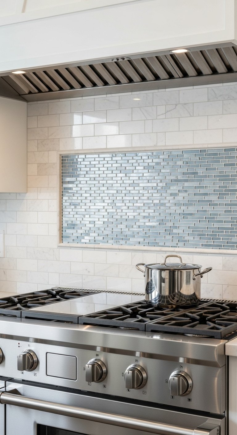 Mixed materials kitchen backsplash white Carrara marble subway tiles blue silver glass mosaic stainless steel stove top range hood