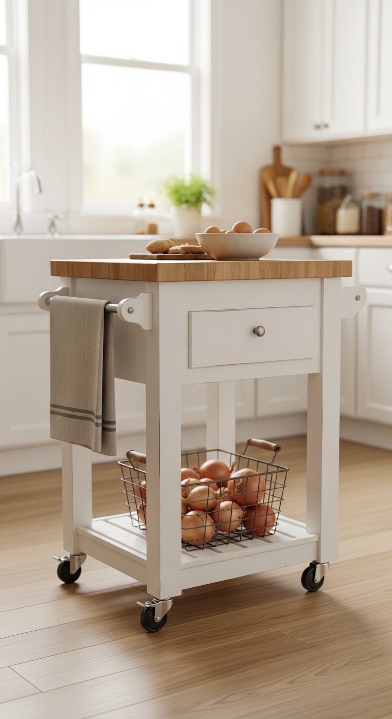 Mobile kitchen island with butcher block top, white base, wire basket, tea towel, and fresh eggs