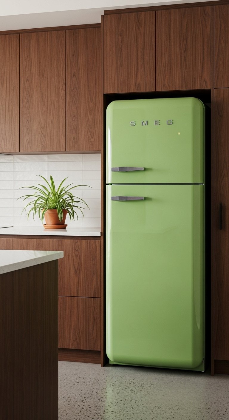 Modern 70s style kitchen with avocado green Smeg refrigerator dark walnut cabinets and terracotta plant on quartz countertop
