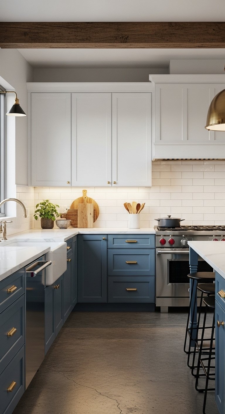 Modern French country kitchen with slate blue and white cabinets stainless steel appliances rustic beam and polished concrete floor