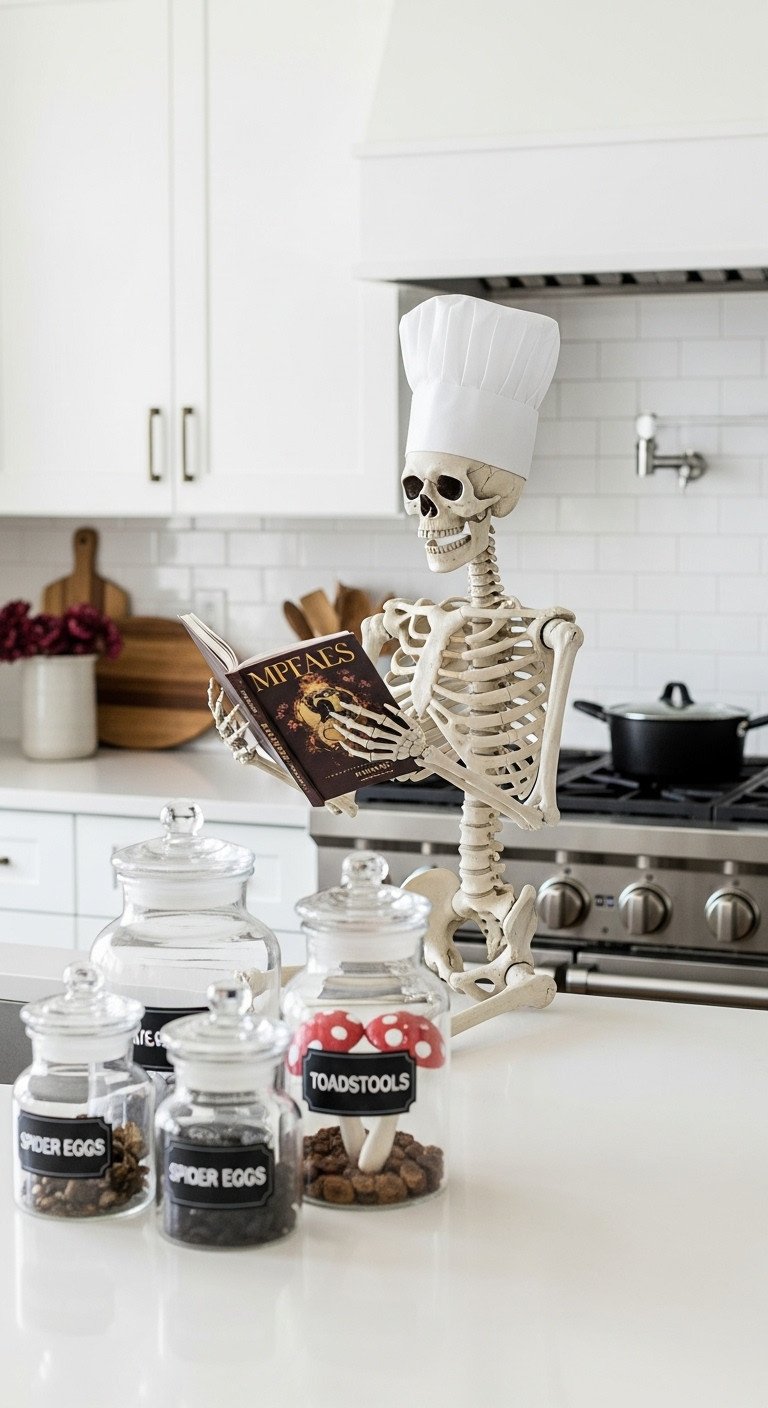 Modern Halloween kitchen decor with a skeleton sous-chef reading a cookbook amidst apothecary jars with spooky labels
