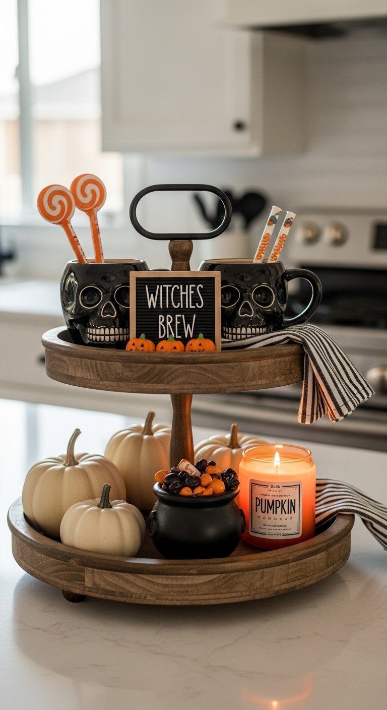 Modern Halloween kitchen decor with a themed tiered tray featuring skull mugs mini pumpkins cauldron and scented candle