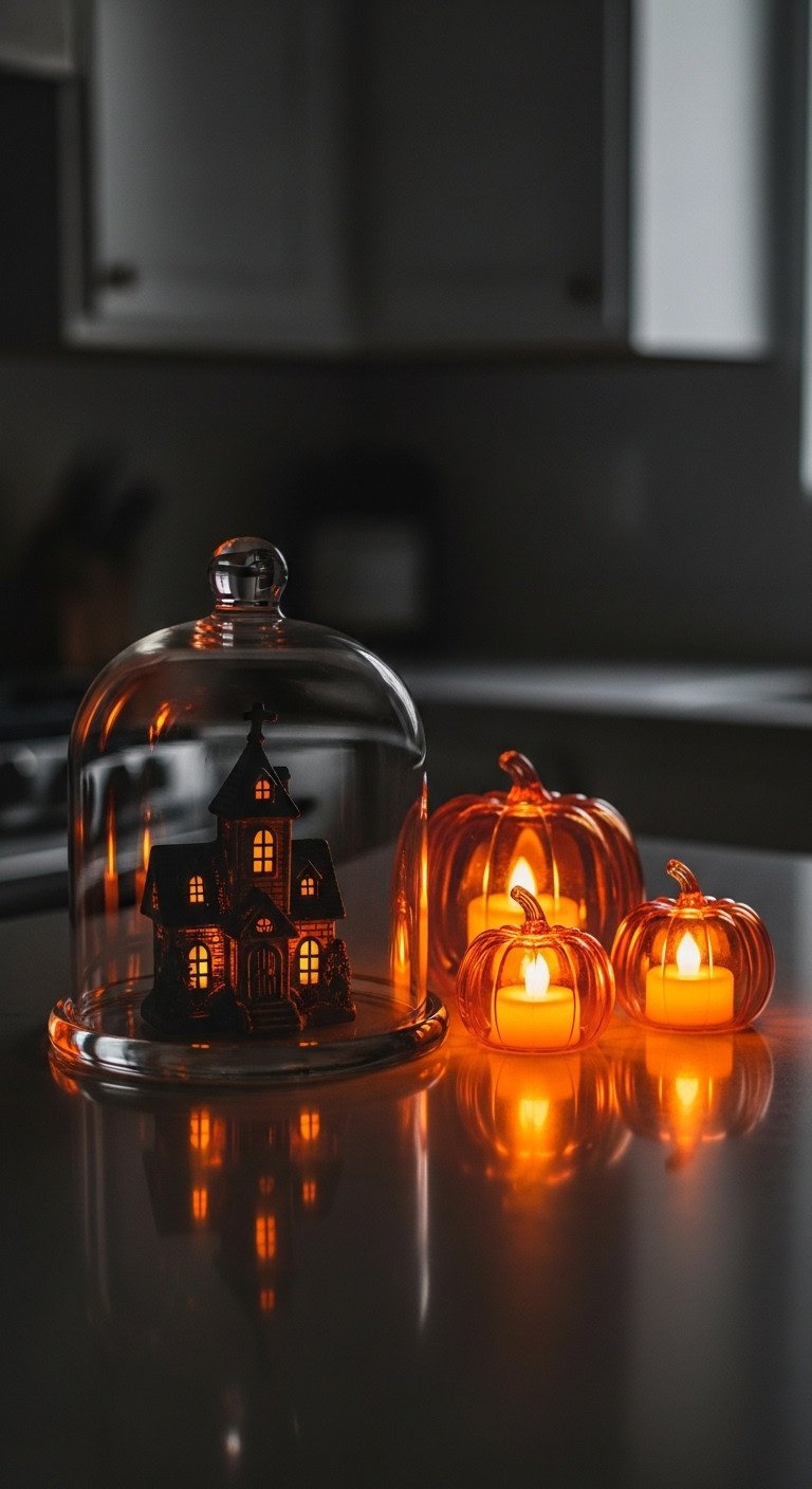 Modern Halloween kitchen decor with eerie LED illuminated haunted house under cloche and flickering tea light pumpkins at dusk