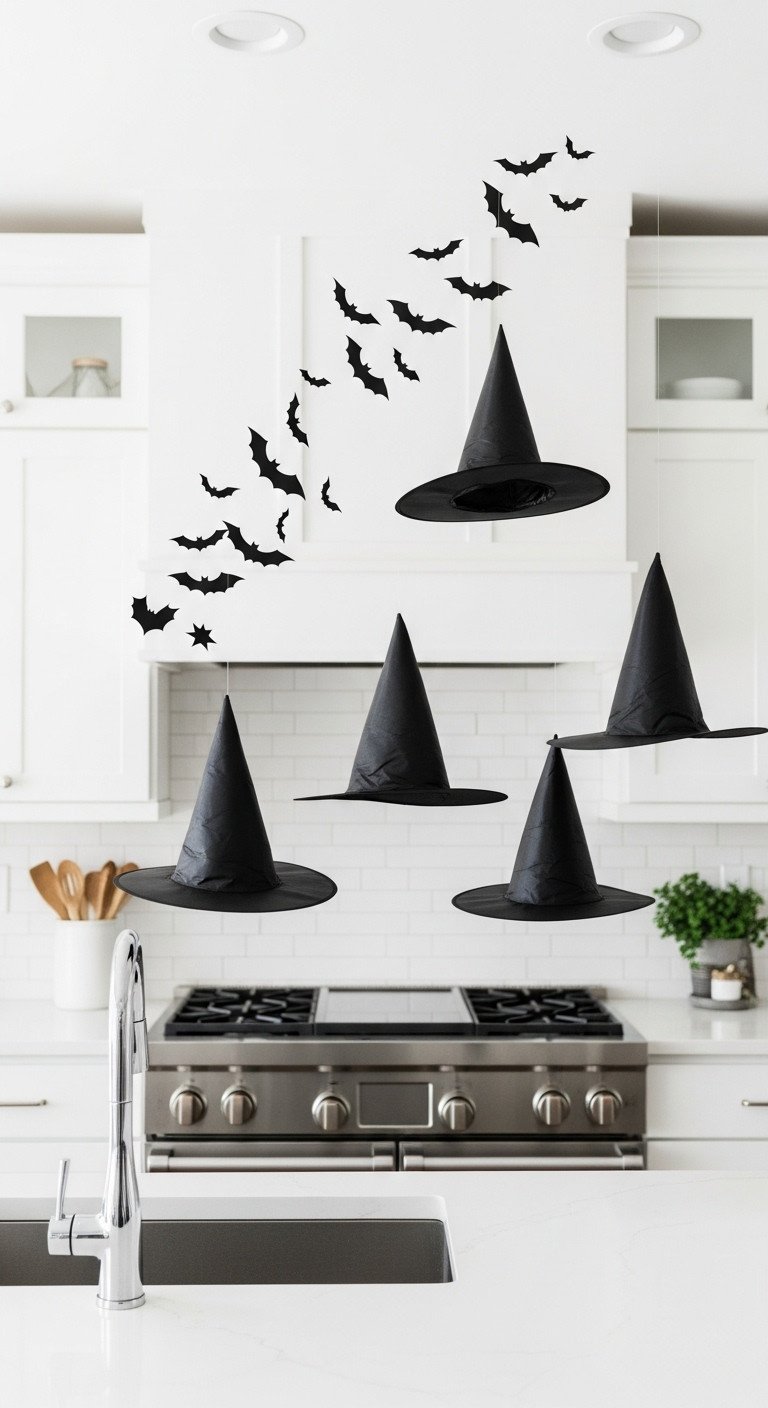 Modern Halloween kitchen decor with floating witch hats over island and 3D bat decals on white tiled backsplash