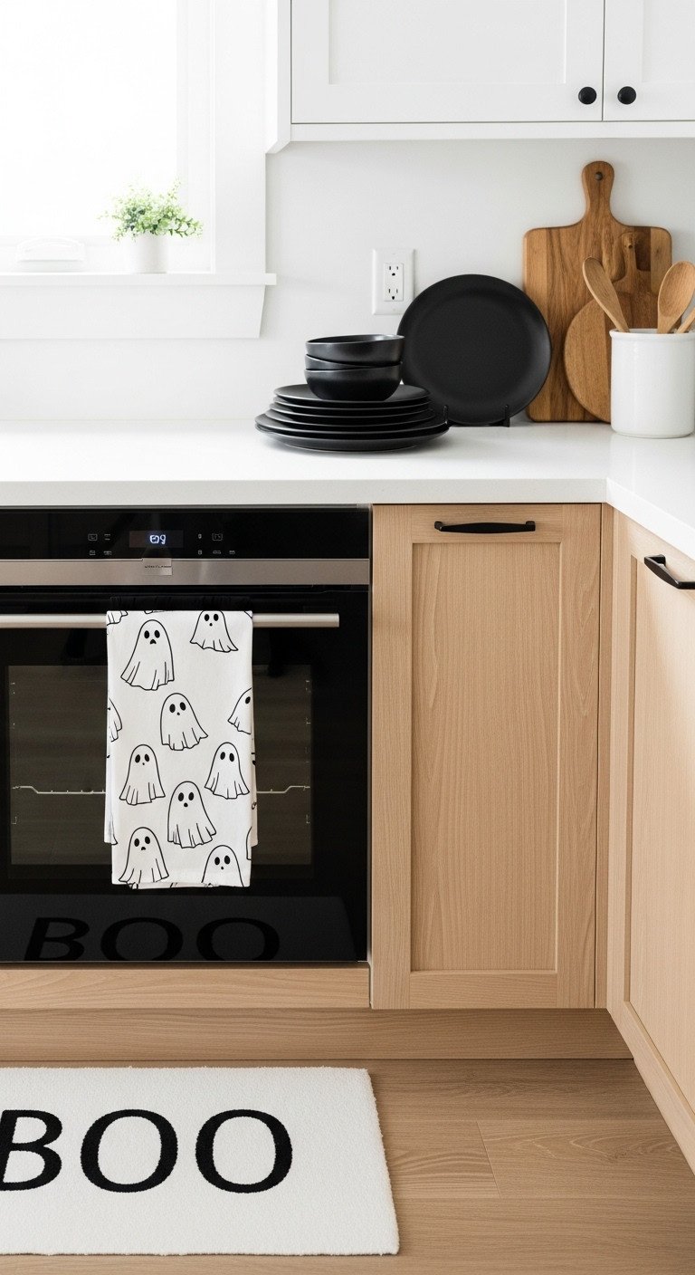 Modern Halloween kitchen decor with spooky ghost hand towel BOO mat and black dinner plates in bright kitchen