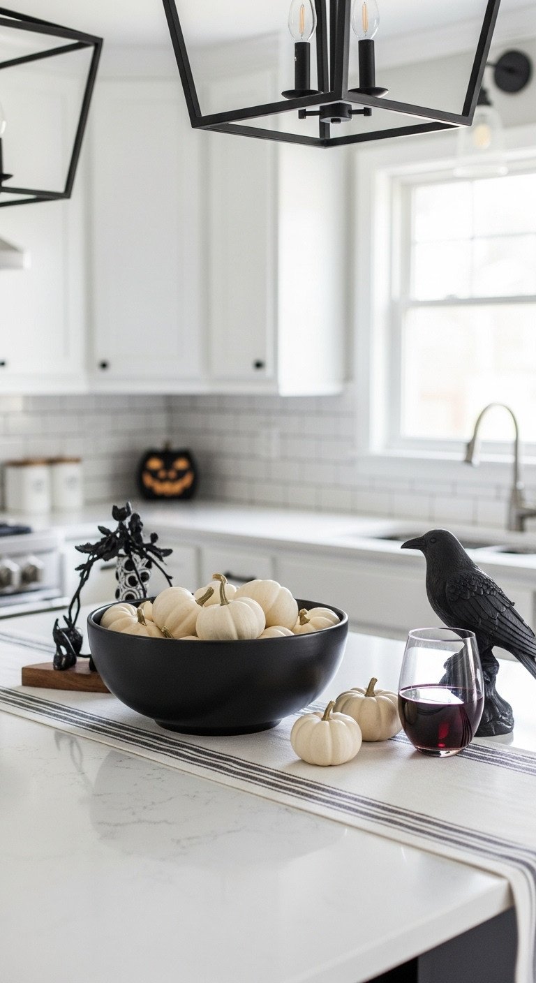 Modern Halloween kitchen island decor with matte black bowl white pumpkins striped runner raven figurine and glass of red wine