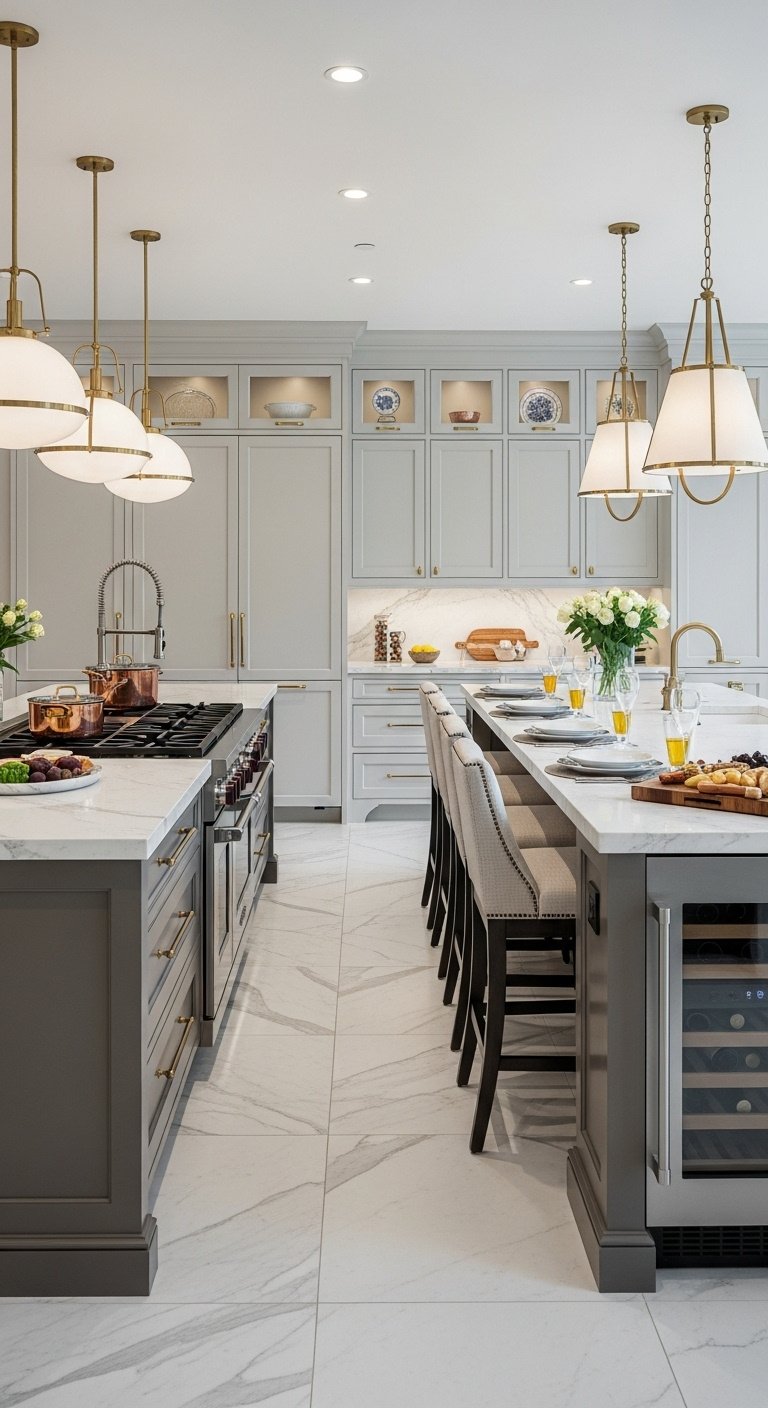 Modern L-shaped kitchen island design with seating pendant lights and ample work surface