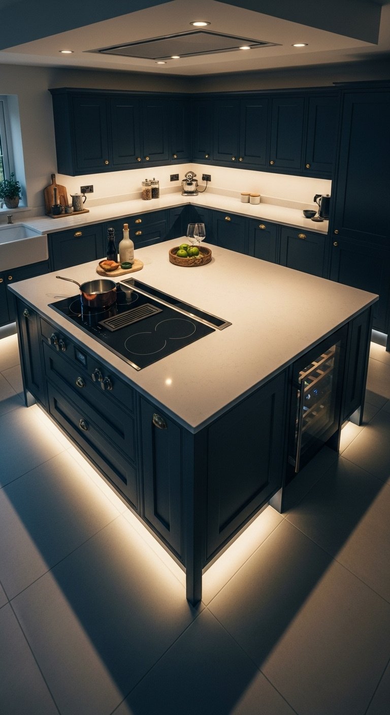 Modern L-shaped kitchen island layout with ample seating and bright natural lighting