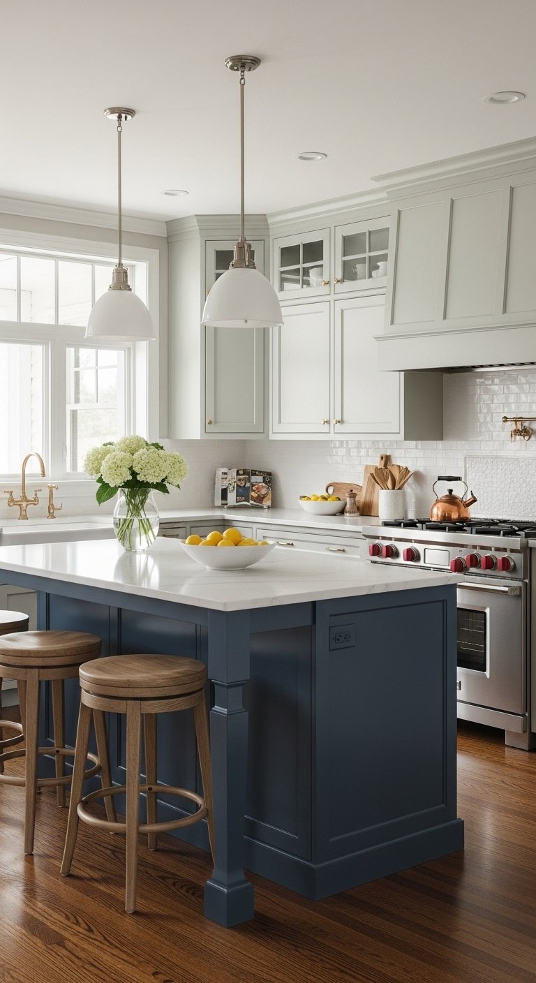 Modern L-shaped kitchen layout with central island quartz waterfall counter and wall ovens