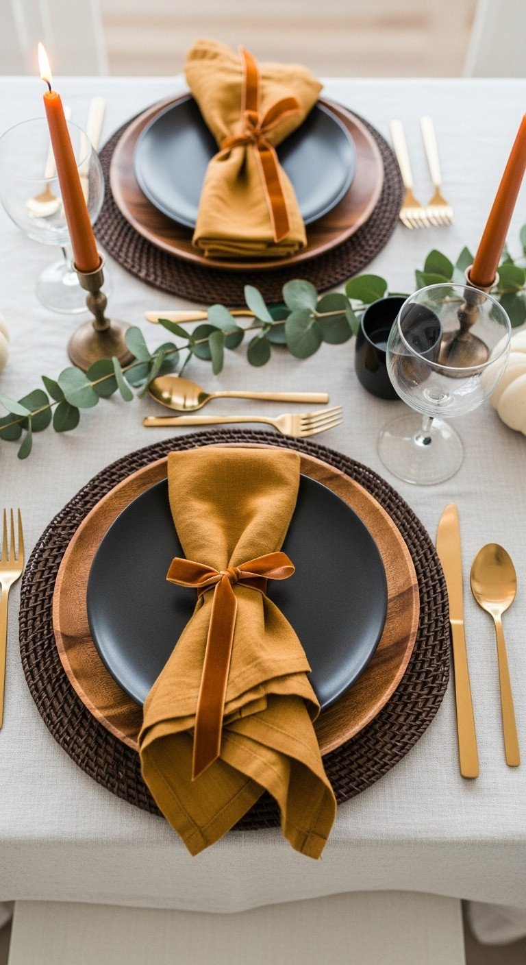 Modern Thanksgiving place setting with dark brown woven placemat wooden charger matte black plate gold flatware and mustard linen napkin