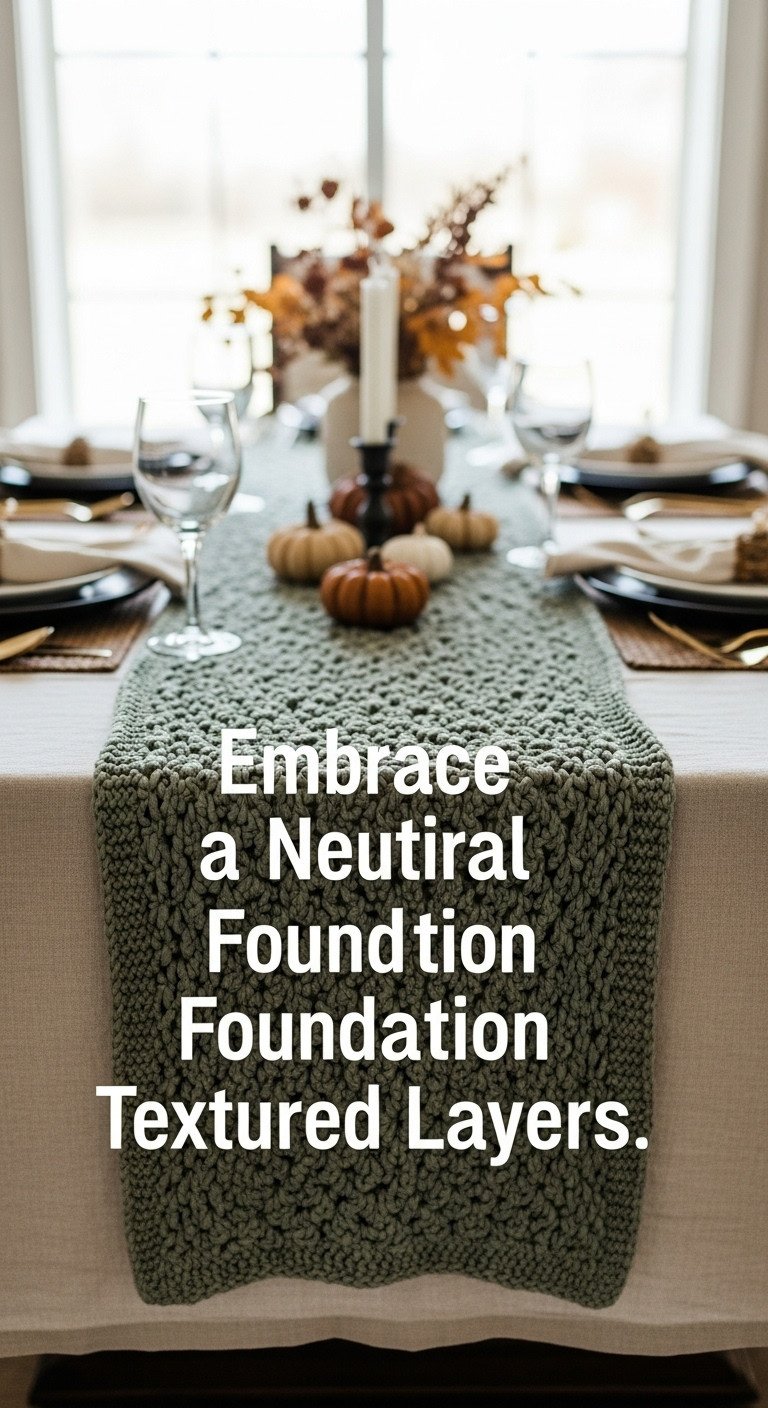Modern Thanksgiving table with neutral linen tablecloth textured sage green runner matte black plate and gold flatware