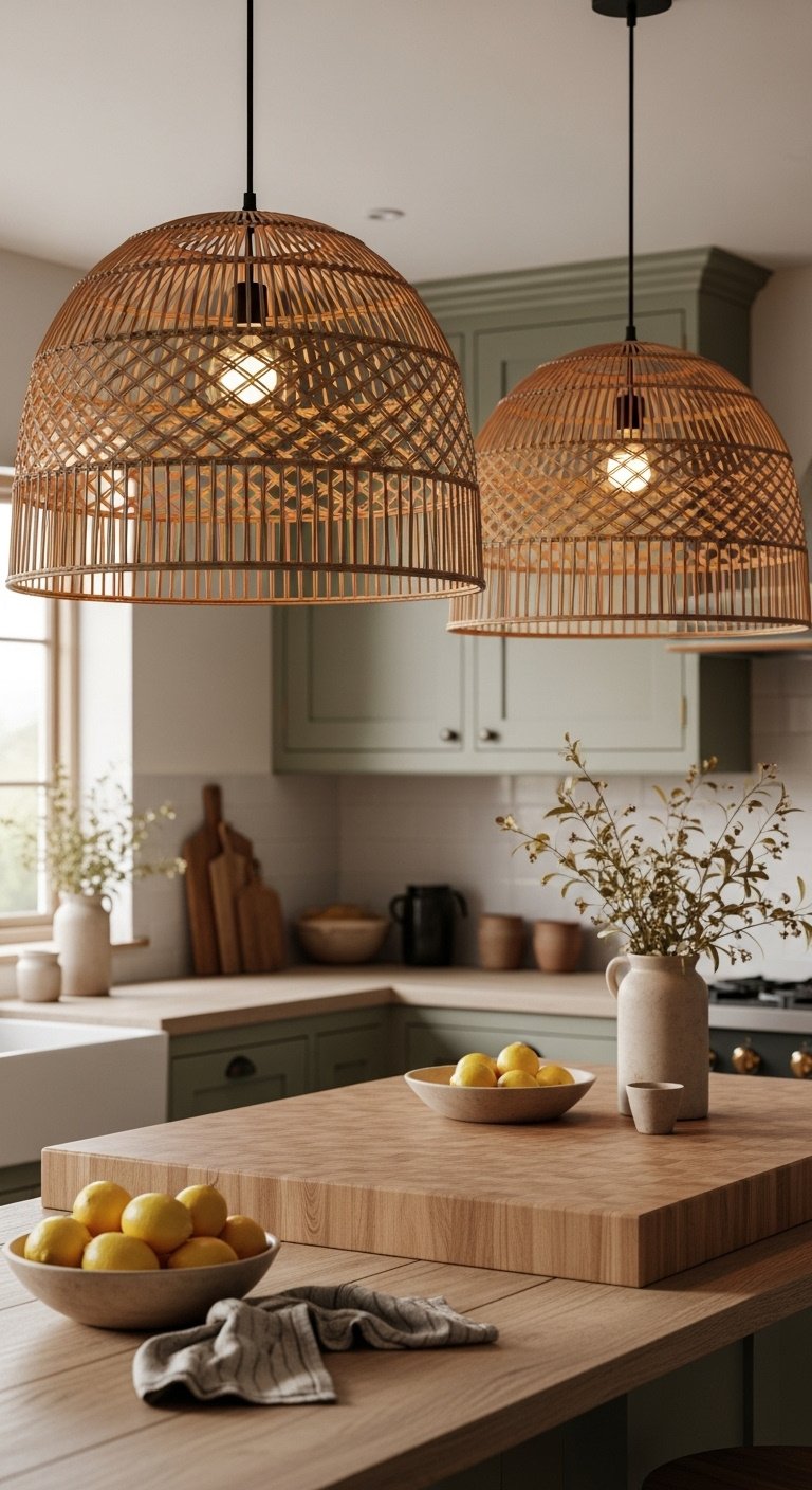 Modern art piece chandelier of interlocking black metal and brass geometric forms over dark marble kitchen island