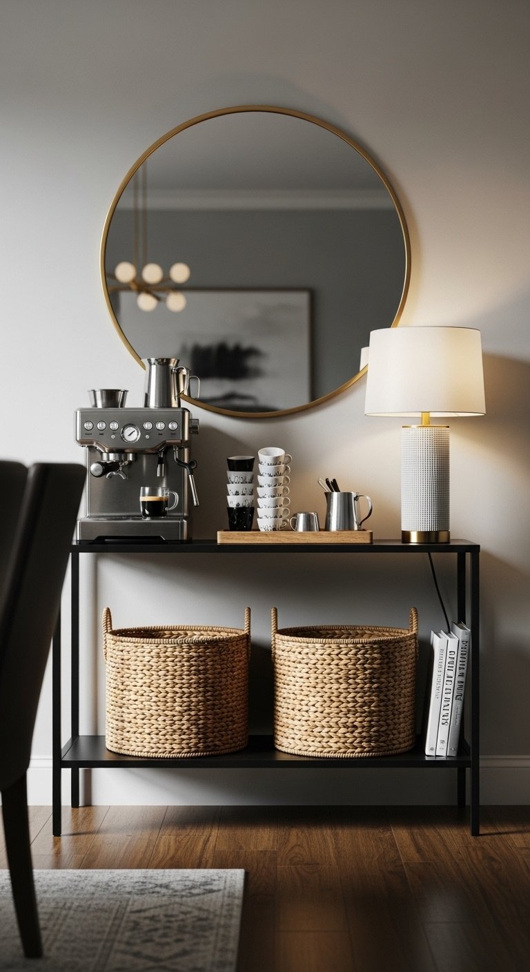 Modern black console table styled as a beverage center with espresso machine cups lamp gold mirror and seagrass baskets