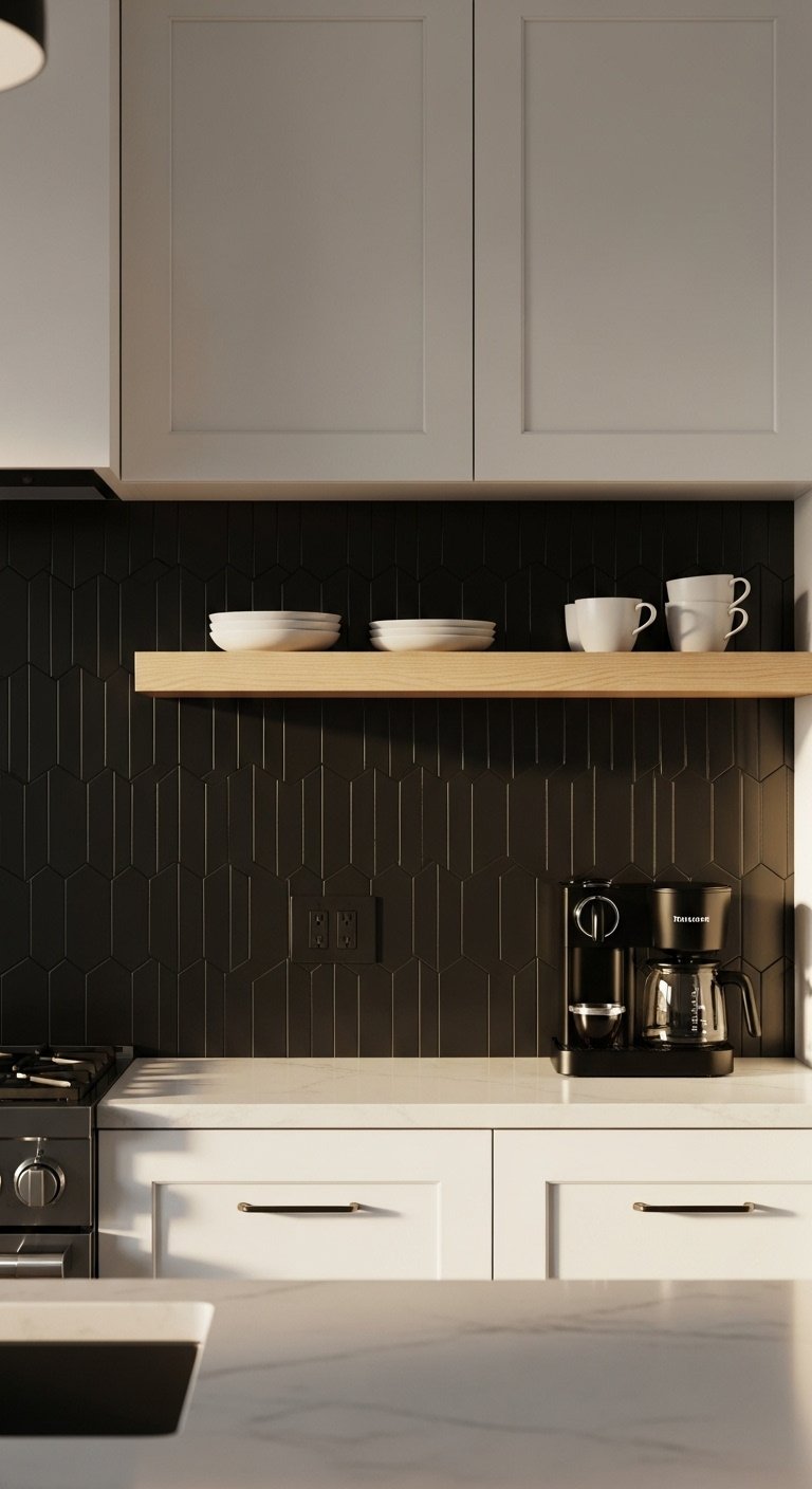 Modern black elongated hexagon tile backsplash contrasting white cabinets and a light wood shelf with a minimalist coffee maker