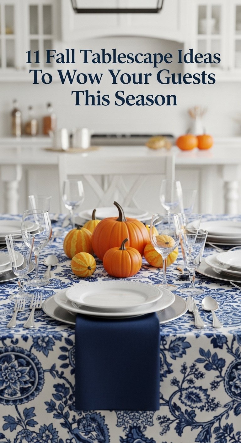 Modern blue and orange fall tablescape with a chinoiserie tablecloth white plates orange pumpkins navy linen napkins and silver cutlery
