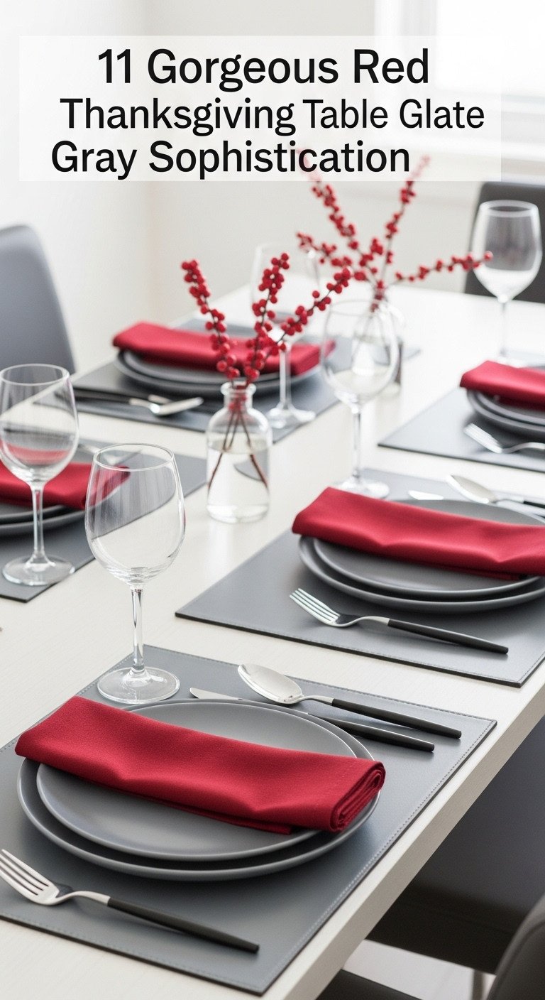 Modern cranberry and slate gray Thanksgiving table decor with placemats plates napkins black silverware and red berries