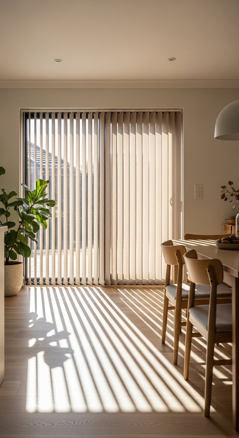Modern fabric vertical blinds in soft beige partially open on large sliding glass door in spacious eat-in kitchen