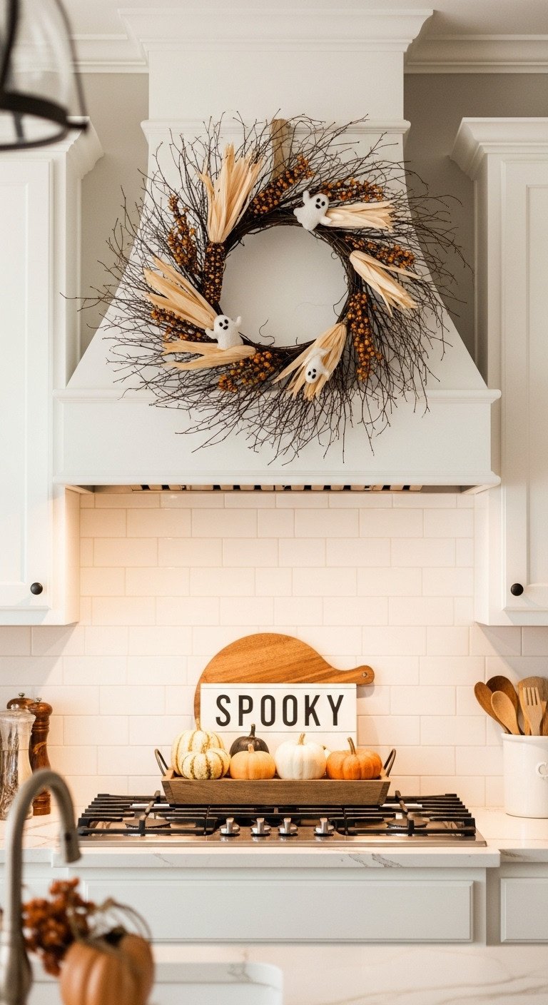 Modern farmhouse Halloween kitchen decor with a rustic wreath ghost accents and natural pumpkins on a wooden tray