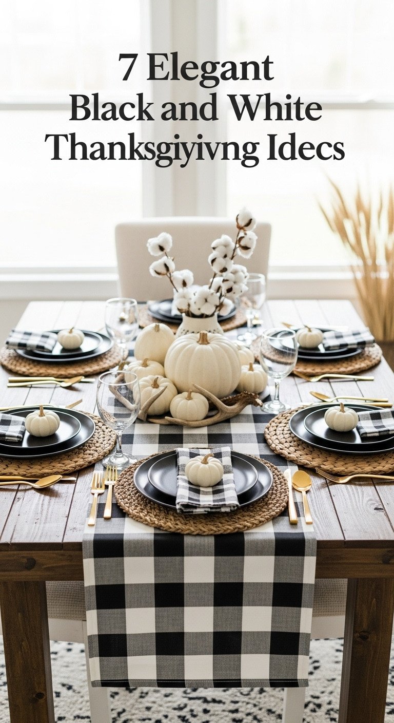 Modern farmhouse Thanksgiving table with buffalo check runner matte black plates white pumpkins cotton stems and faux antlers