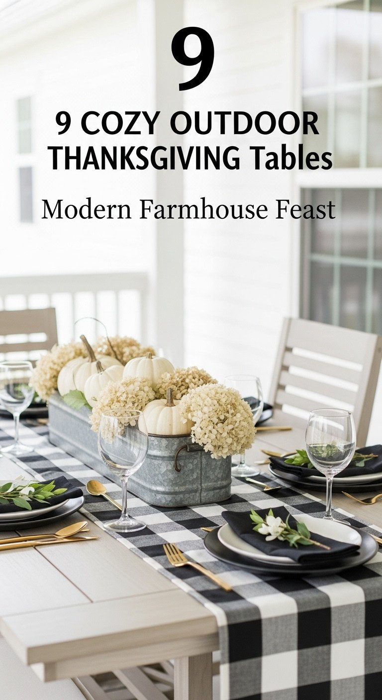 Modern farmhouse feast outdoor Thanksgiving table with buffalo check runner galvanized trough white pumpkins and dried hydrangeas
