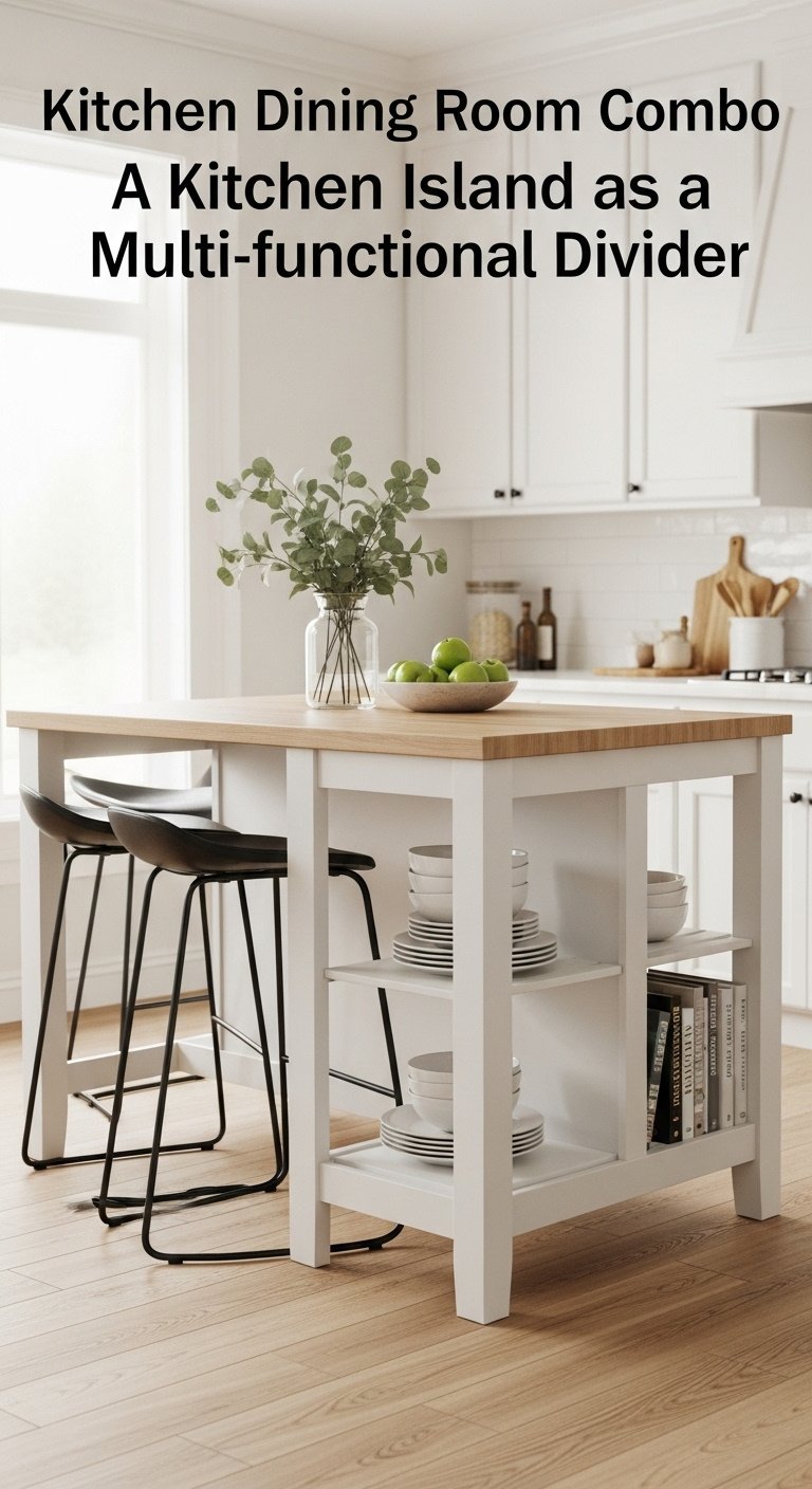 Modern farmhouse kitchen dining combo with budget-friendly island and bar stools under soft natural light