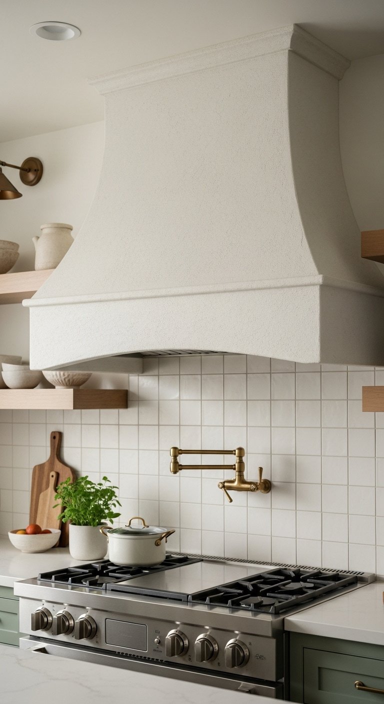 Modern farmhouse kitchen featuring a stunning curved white plaster range hood above a gas range with herbs and a brass pot filler