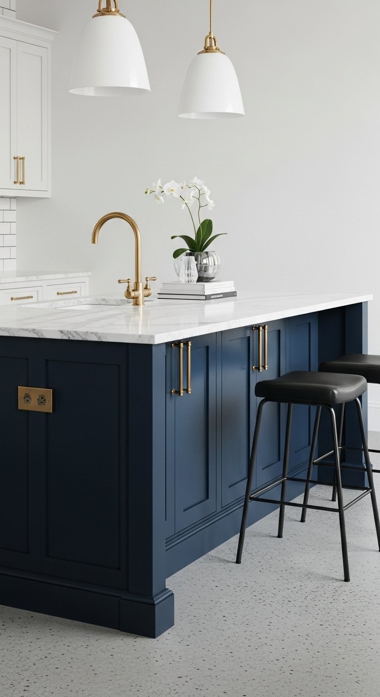 Modern farmhouse kitchen island in deep navy blue with white marble countertop brass pulls and sleek black leather stools