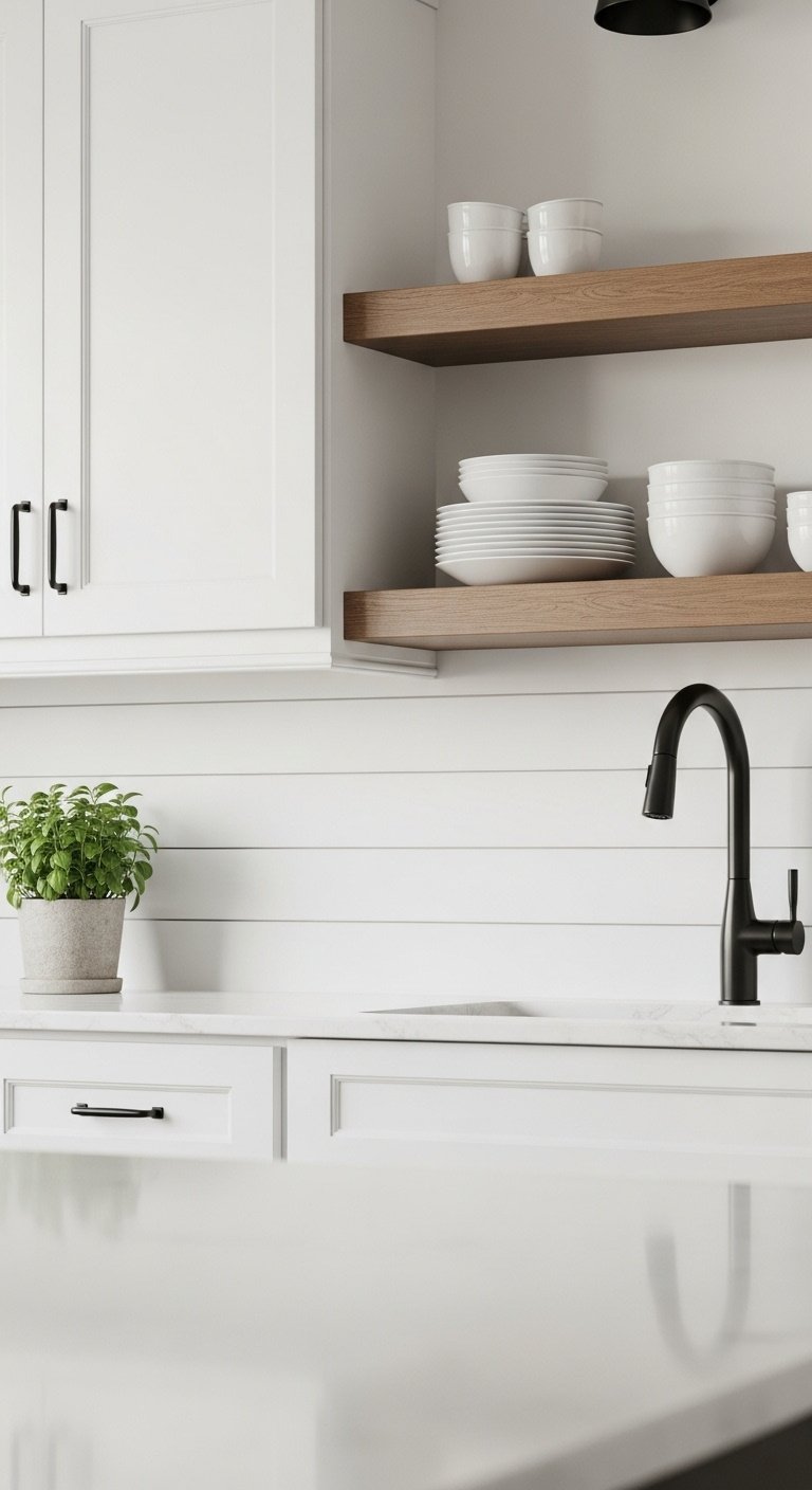 Modern farmhouse kitchen with a crisp white horizontal shiplap backsplash white quartz counter and matching shaker cabinets