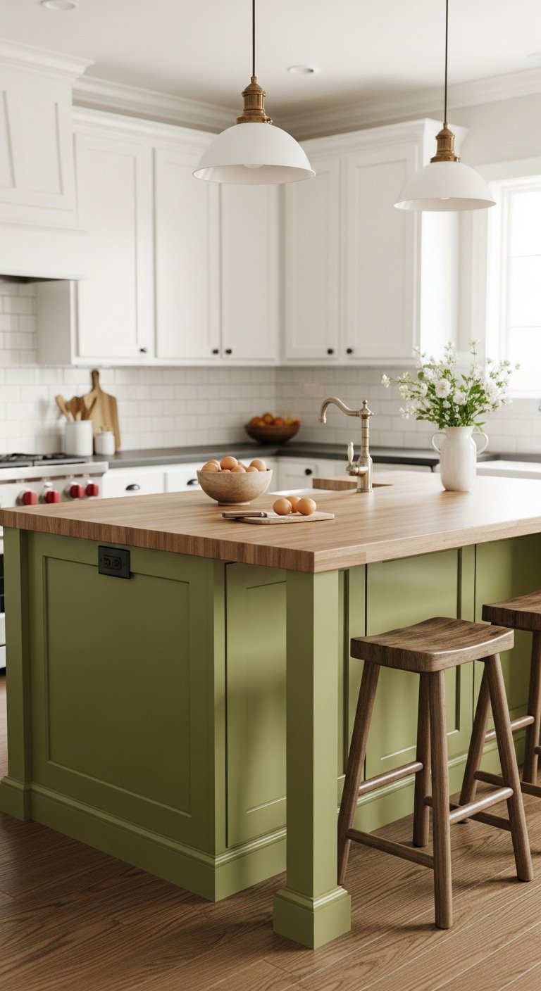 Modern farmhouse kitchen with olive green island butcher block counter white perimeter cabinets fresh eggs wooden bar stools studio light