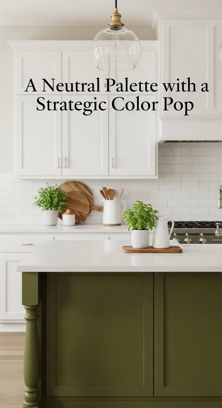Modern farmhouse kitchen with olive green island white cabinets quartz countertop subway tile backsplash herb plant cutting board and pitcher