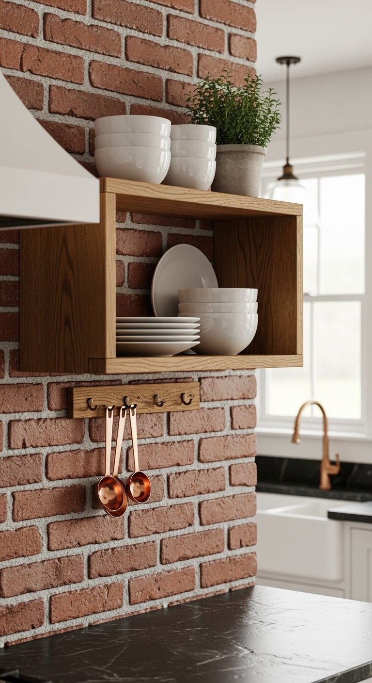 Modern farmhouse kitchen with reclaimed wood shelf on exposed brick wall white dishes potted herb copper spoons soft natural light