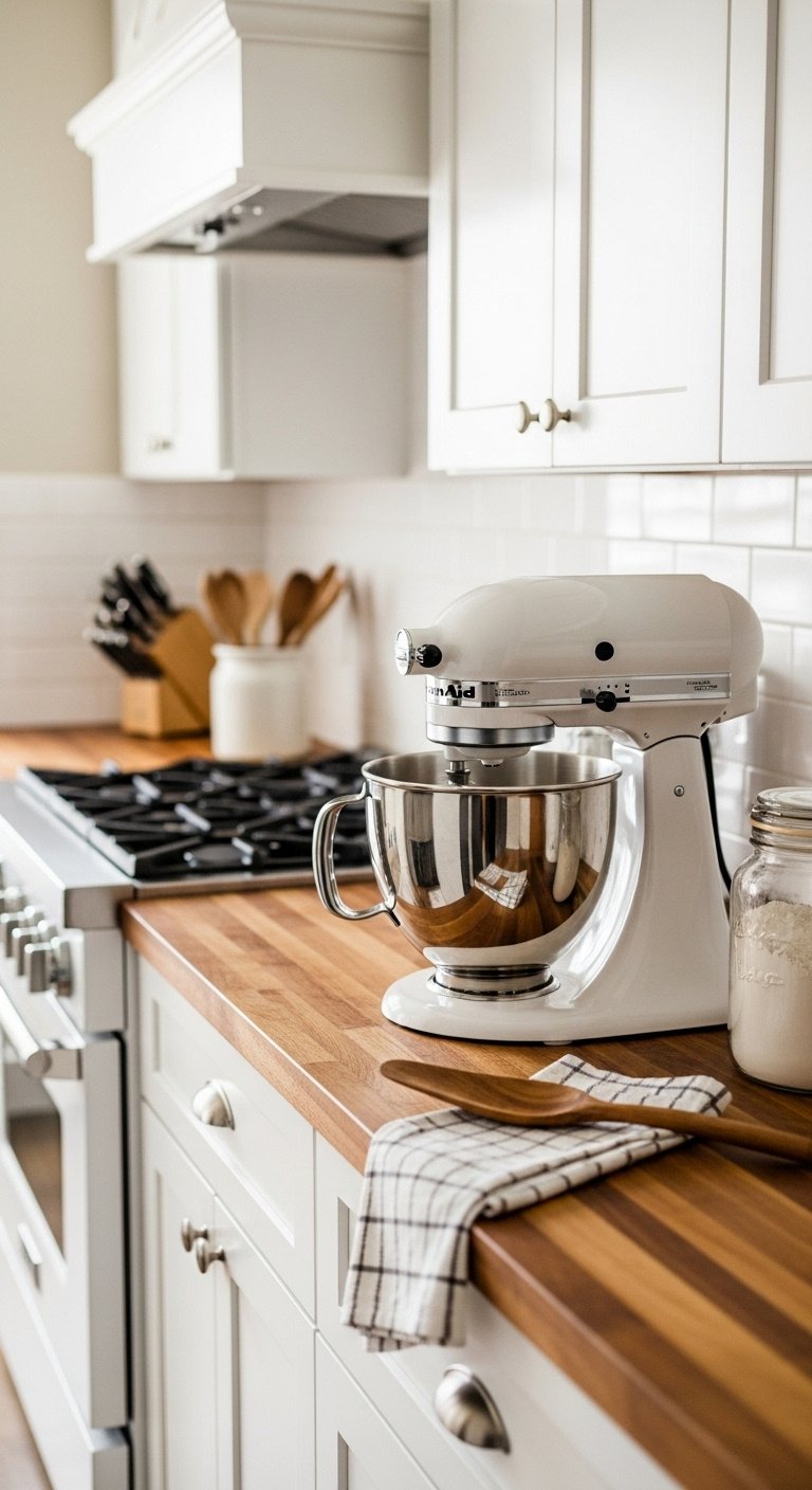 Modern farmhouse kitchen with white retro KitchenAid stand mixer butcher block countertop white range and shaker cabinets