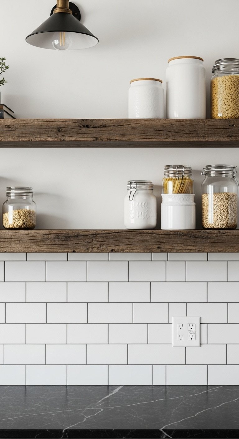 Modern farmhouse kitchen with white subway tile backsplash dark grout reclaimed wood shelves and soapstone counter