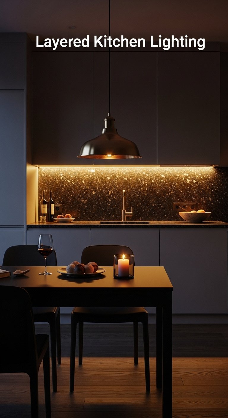 Modern kitchen at dusk with under-cabinet LED strips and an elegant brass pendant light over a dining table