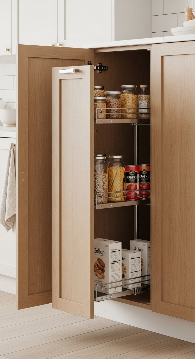 Modern kitchen cabinet organization with pull out drawers spice racks and vertical pan dividers