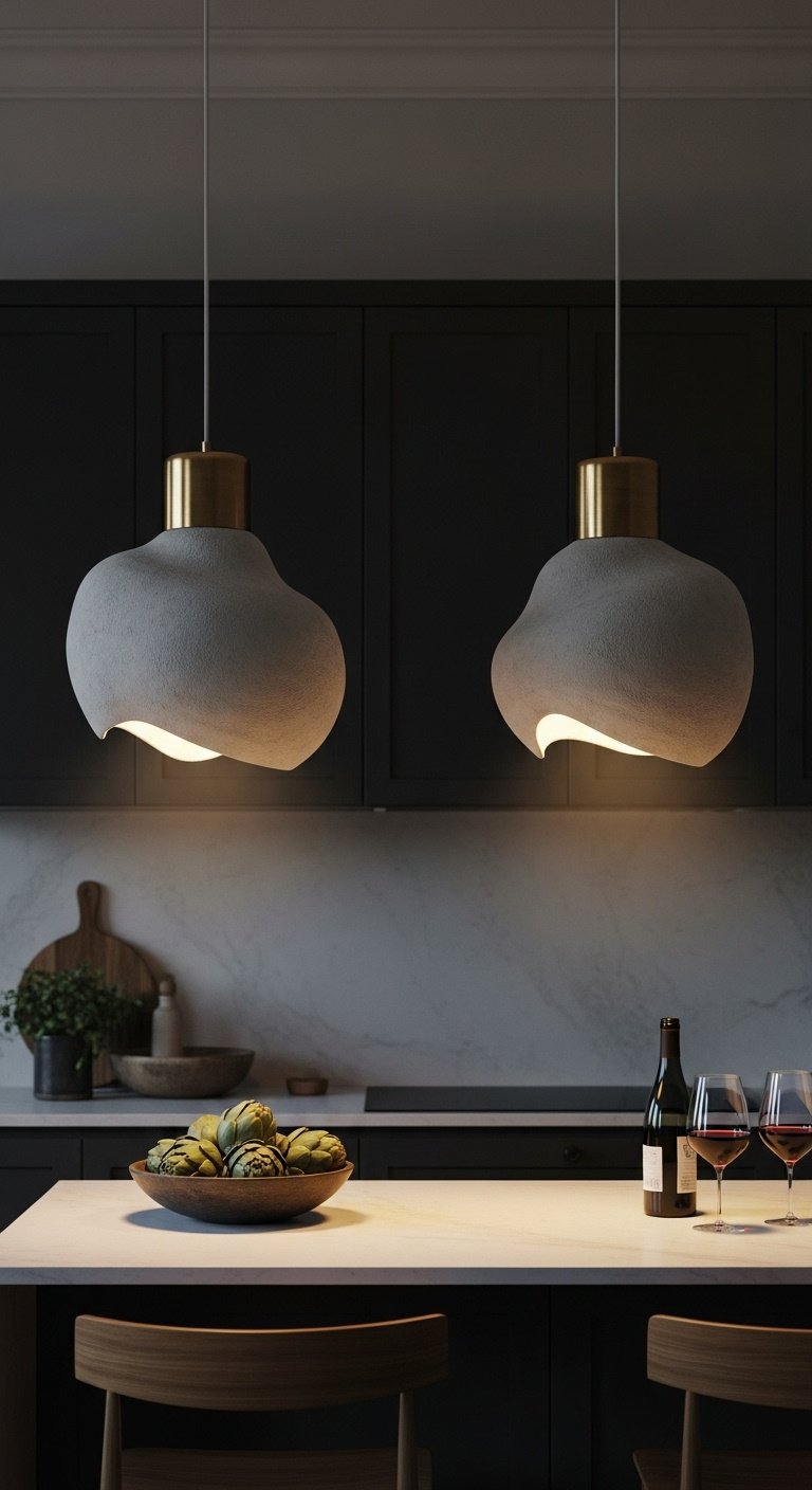 Modern kitchen design with white cabinets marble island and black pendant lighting