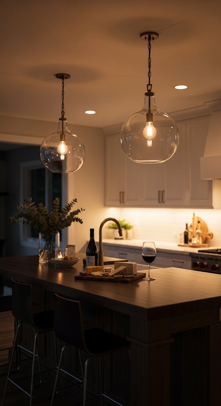 Modern kitchen island at dusk with layered lighting glass pendant recessed and under-cabinet lights for ambiance in a 90s kitchen remodel